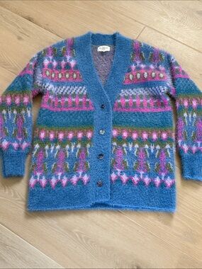 Allison New York Alma Cardigan XS Fuzzy Fair Isle Mohair Blend Grandpa Sweater
